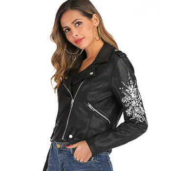 

Chic Women PU Leather Jacket Autumn 2019 New Fashion Shiny Crystal Beading Coat Short Top Modern Lady Black Outwear