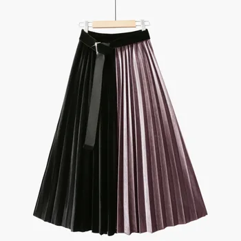 

Velvet Pleated Midi Skirt Women Autumn Winter 2020 Ladies Korean Black Patchwork High Waist Skirt Female With Belt