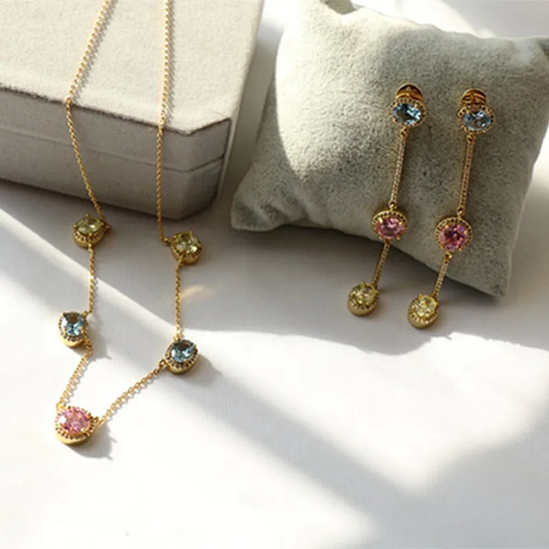 

Manhattan H Luxury Shiny Color Circle Zircon Necklace Earrings Set Sweater Chain Useful Product