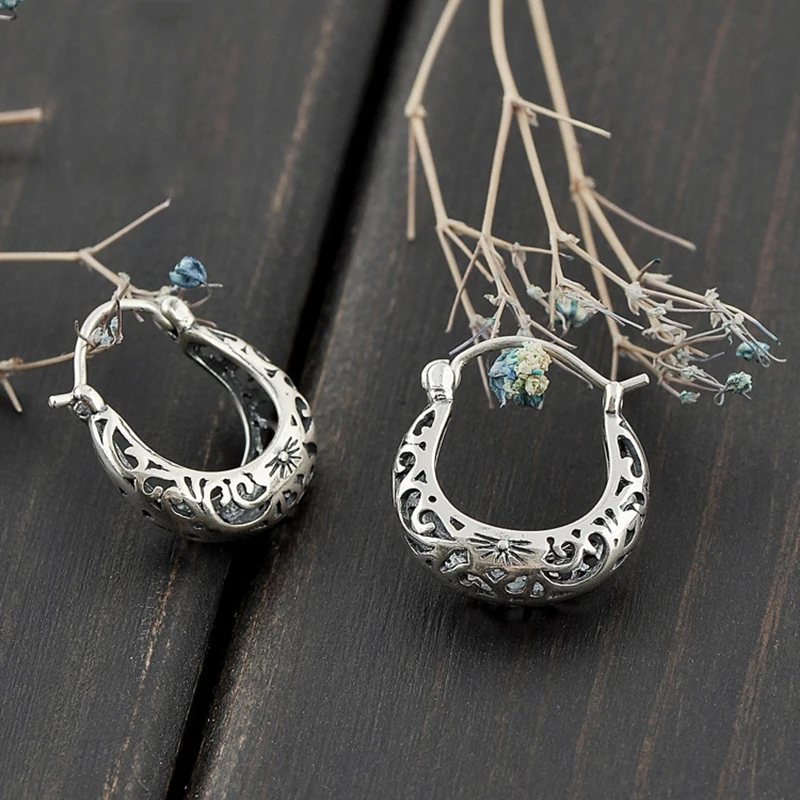 Pure 925 Sterling Silver Moon Shape Hoop Earrings Vintage Hollow Floral Earring Fashion Women Daughter Wife Mother Jewelry