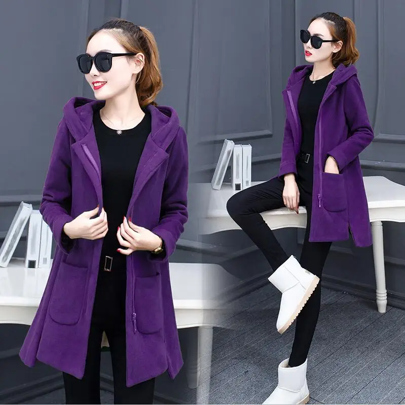 Осенне-зимняя женская флисовая куртка пальто женское длинное пальто с капюшоном верхняя одежда теплые плотные Женские приталенные худи куртки пальто - Цвет: purple
