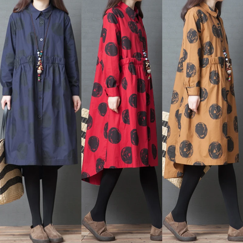 

Versear Plus Size Women Cotton Dress Casual Loose Turn-down Collar Long Sleeve Pockets Vintage Dot Printed Midi Dresses Vestidos
