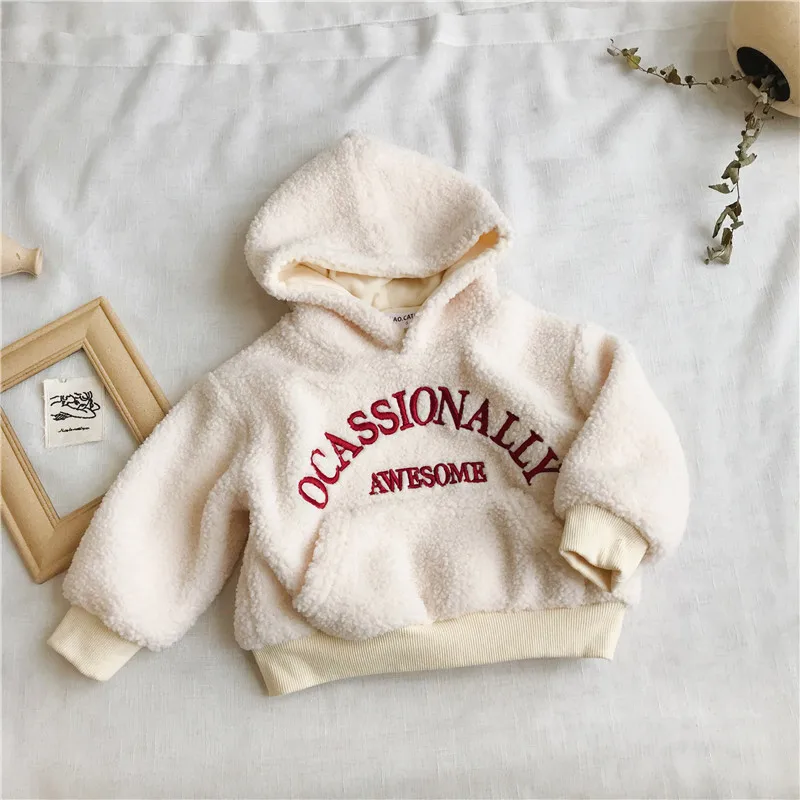 Winter New Arrival Korean style thickened letters embroidery hooded loose fur hoodie for fashion cute baby girls and boys