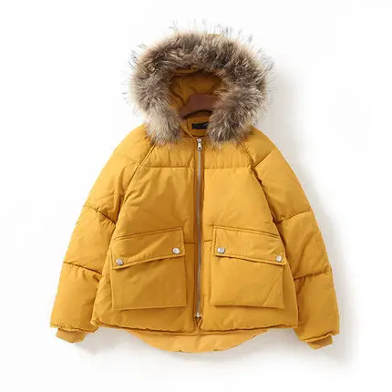 yellow cotton coat Парка с хлопковой подкладкой из натурального меха женская зимняя Розовая/желтая/бежевая/черная/зеленая куртка с капюшоном из натурального меха енота - Цвет: yellow cotton coat