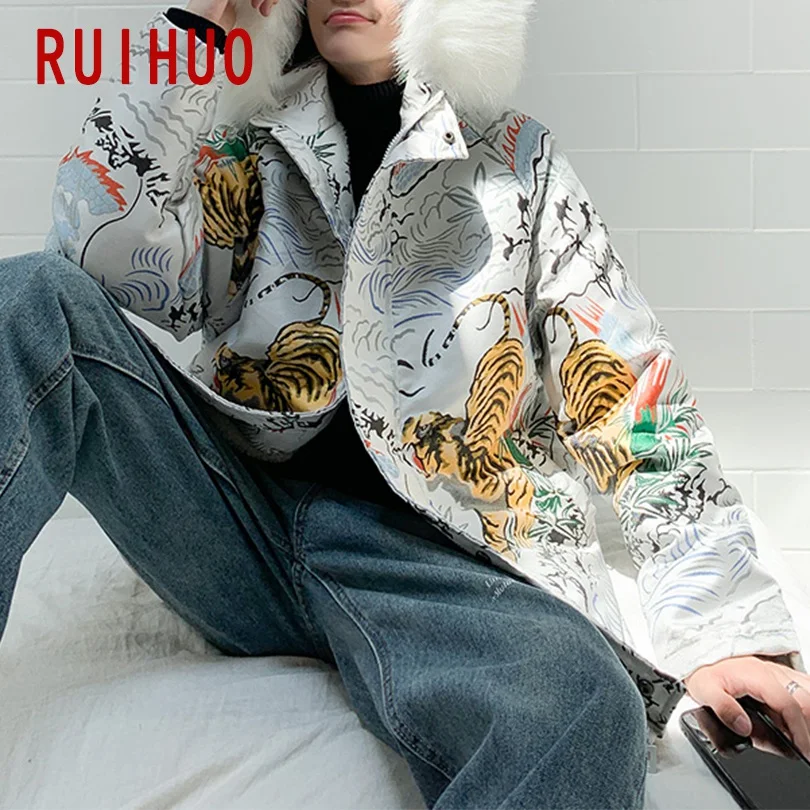 RUIHUO с вышивкой тигра, пальто с капюшоном, мужская куртка, теплая зимняя куртка, мужское пальто, парка, зимнее пальто, мужская одежда, осенняя парка размера xxxl