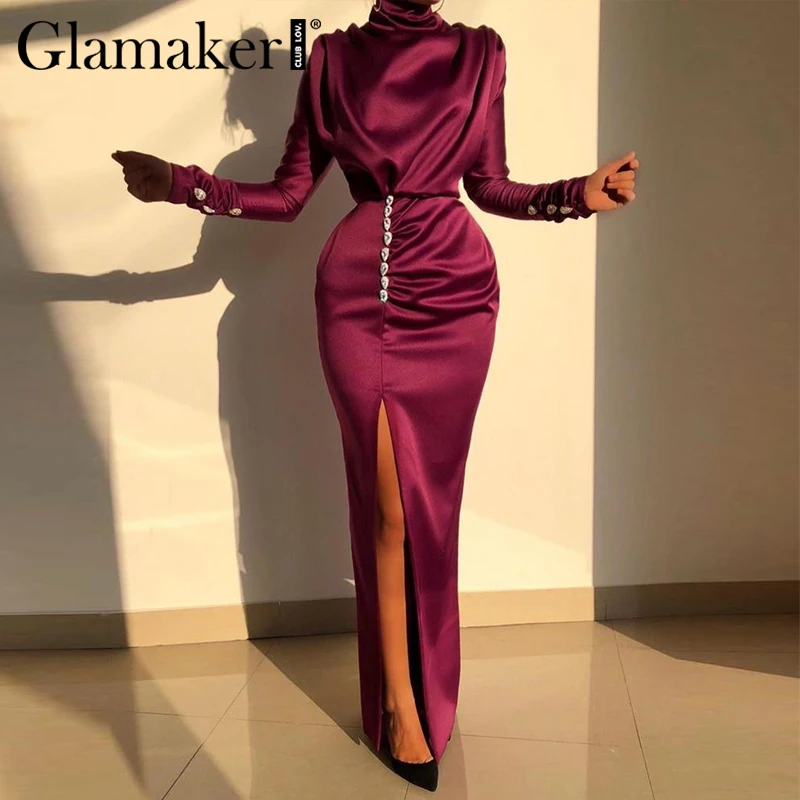 

Glamaker High neck split black dress Long sleeve satin pleated maxi dress women Autumn winter button vintage party dress female
