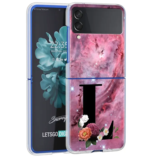 Letter A B Flowers Pink Case For Samsung Galaxy Z Flip 3 5G Transparent Hard Cell Phone Cover ZFlip3 Clear PC Luxury Fundas H12