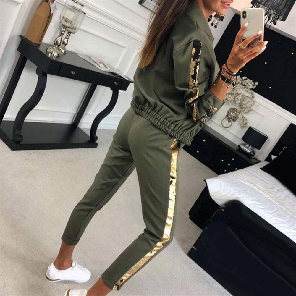 2Pcs Women Jogging Suit Sequins Patchwork Tracksuits Sweatshirt Coat Pants Set Nylon Polyester Spandex Sequins Zip Up Tracksuit