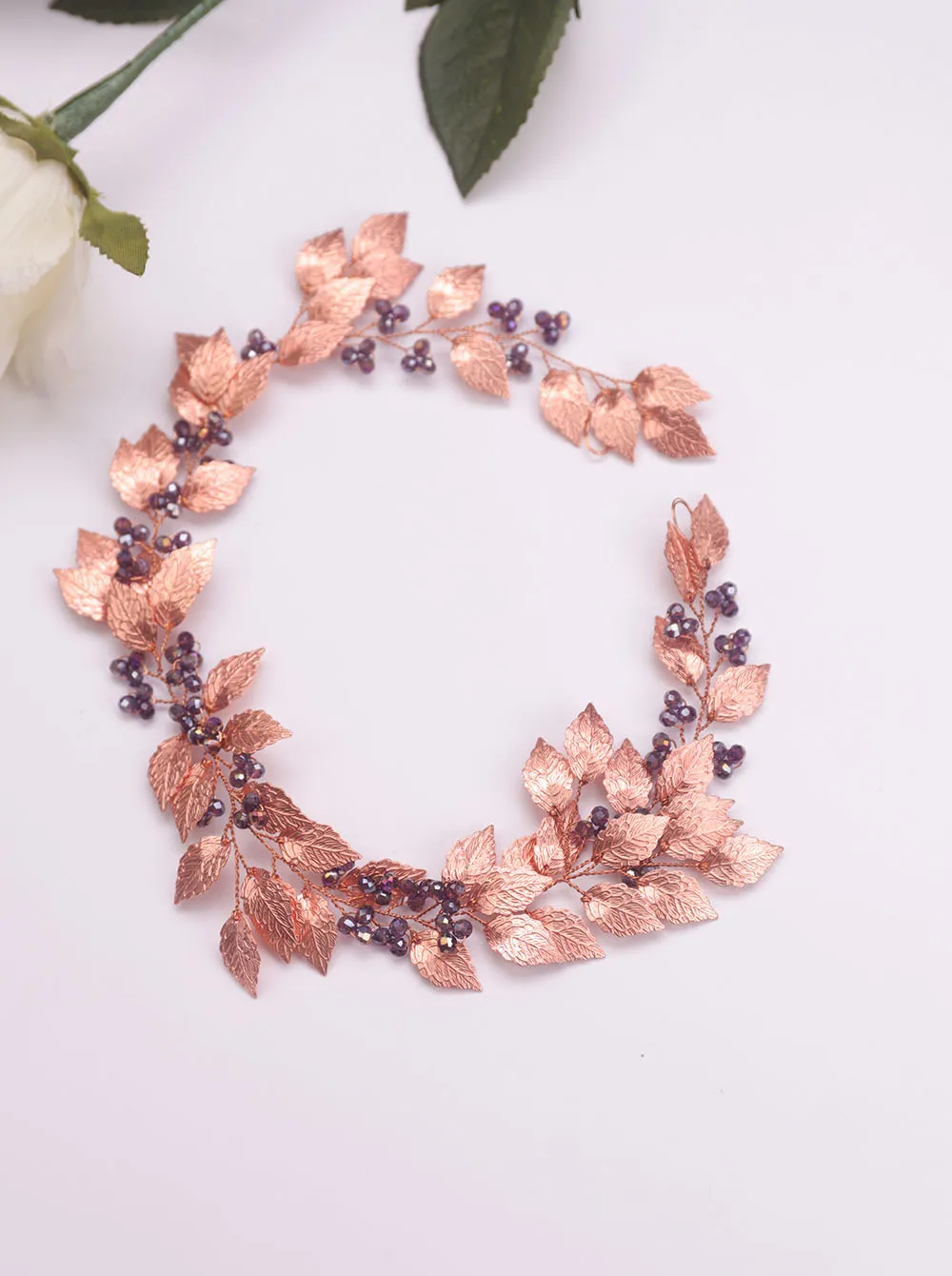 Vintage Rose Gold Leaves Purple Crystal Chic Hair Accessories Headband Bride Headwear Bridesmaid gift Elegant women
