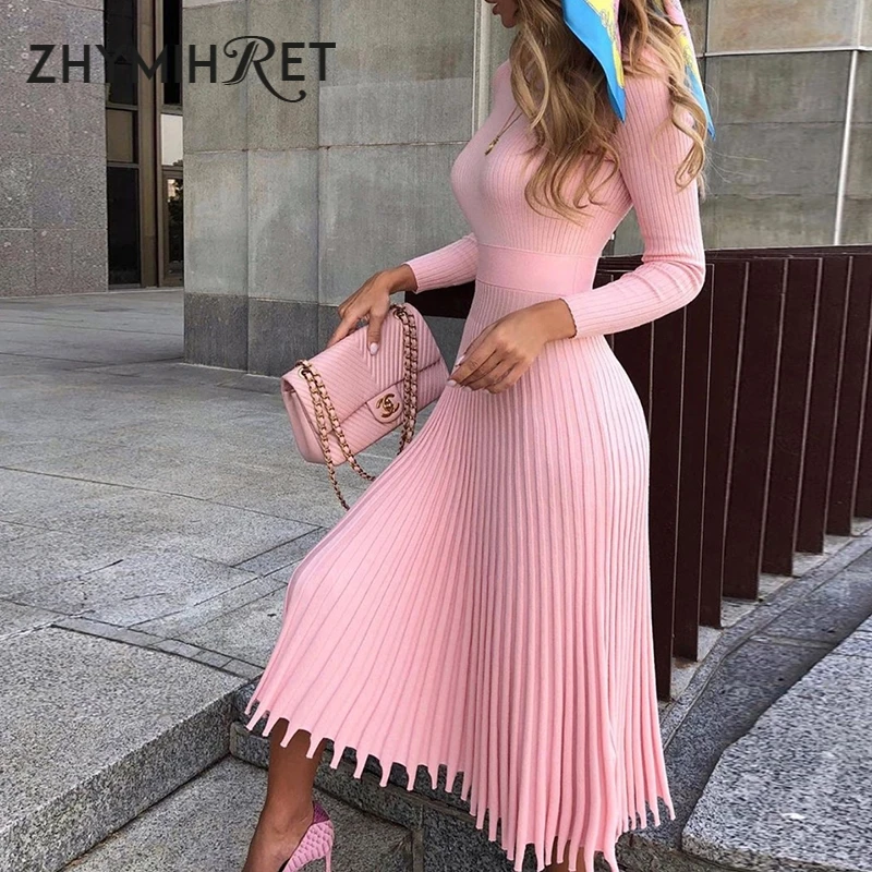 ZHYMIHRET 2019 осень зима вязаное Плиссированное Платье женское элегантное платье с
