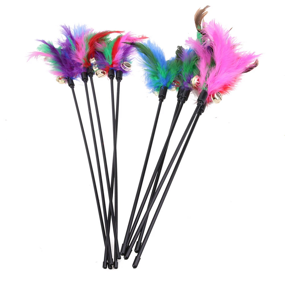 5pcs/lot Cat Toys Feather Wand Kitten Cat Teaser Turkey Feather Interactive Stick Toy Kitten Pet Wire Chaser Wand Toy