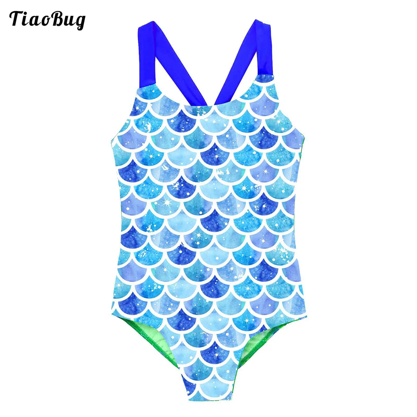 Summer Girls Kids Sleeveless One-Piece Mermaid Swimsuit Bodysuit Wide Shoulder Straps Swimwear Beach Jumpsuit