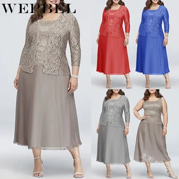 

WEPBEL 2pcs Autumn Suit Chiffon Dress Women Sexy Slim Bodycon Three Quarter Sleeve Lace O-Neck Dress with Sunscreen Cardigan
