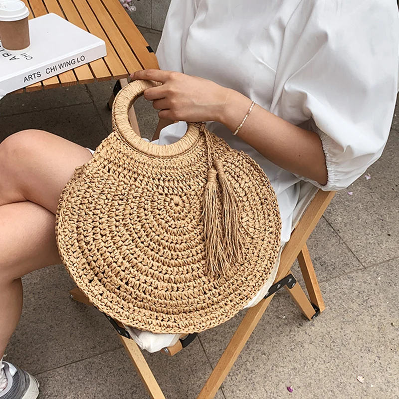 Round Straw Circle Straw Tote Bag Mini Semi-Circle Rattan Straw