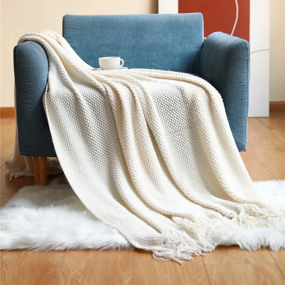Textile City Corn Grain Waffle Embossed Knitted Blanket Home Decorative Thickened Winter Warm Tassels Throw Bedspread 130x240cm 5