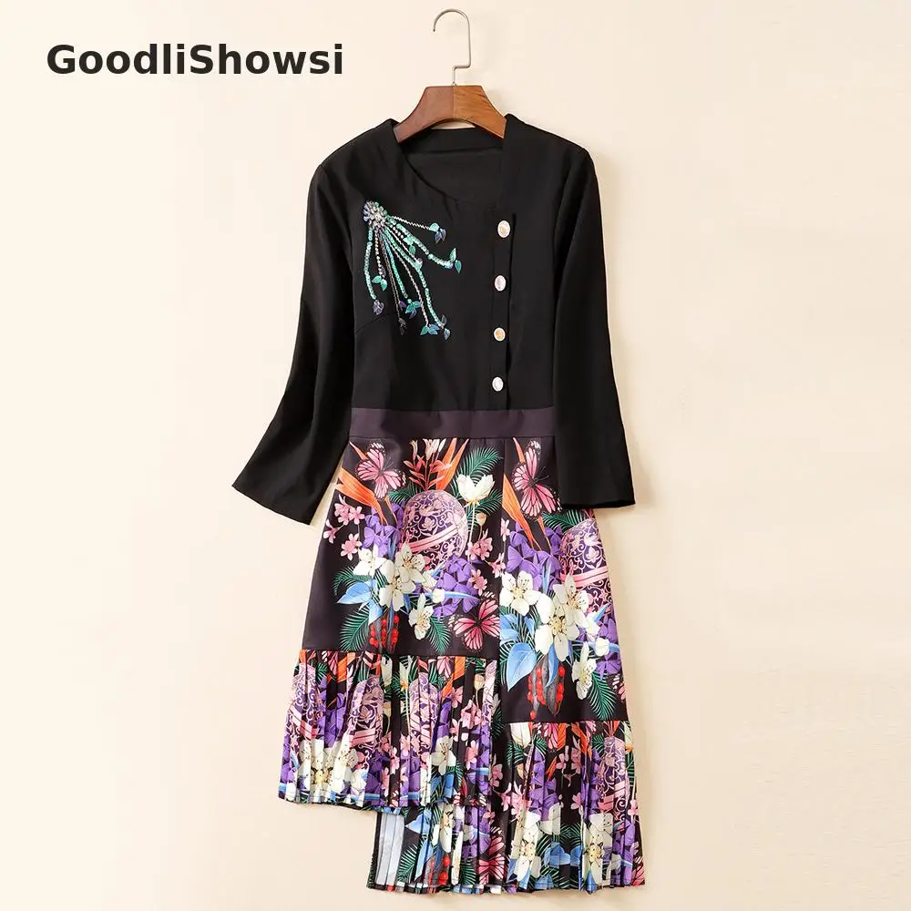 GoodliShowsi, Новое поступление, пасторальное женское асимметричное платье, косой воротник, блестки, цветочный принт, несимметричный подол, плиссированное платье