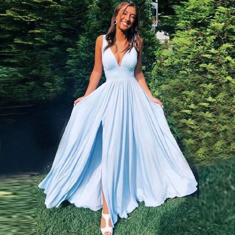 

Charming Light Blue A Line Prom Dresses 2020 Sexy V Neck With Slit Women Long Prom Dresses Party Gown Vestidos