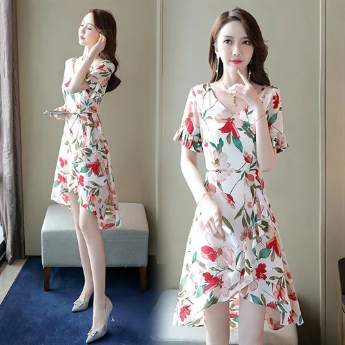 

Chiffon Dress Women's 2019 Summer New Style Korean-style Waist Hugging Slimming Short-height V-neck Floral Elegant A- line Midi-