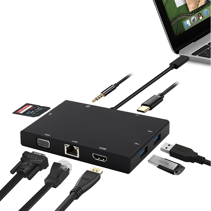 USB C 3 1 type концентратор для HDMI VGA RJ45 гигабитный Ethernet коммутатор SD кард-ридер 5 мм