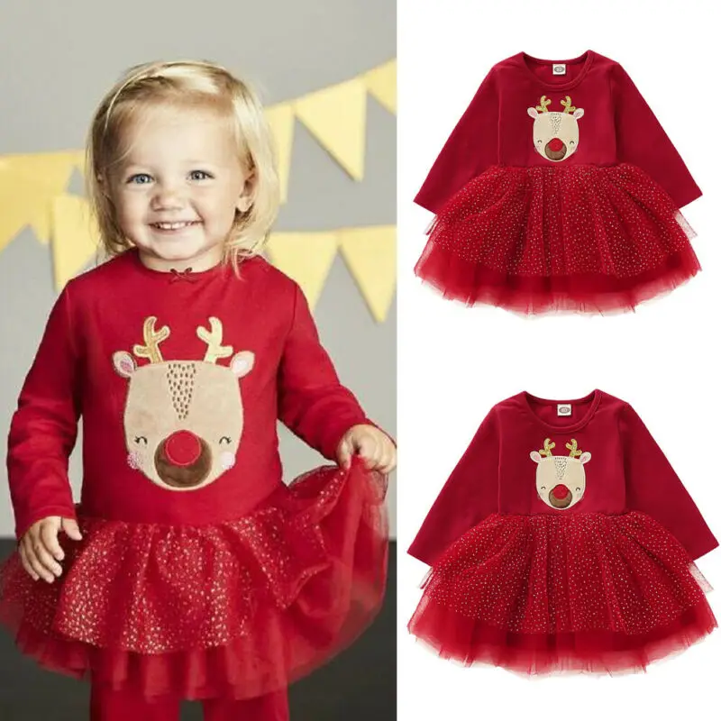 Focusnorm Fashion Toddler Kid Baby Girl Christmas Xmas Dress Clothes Long Sleeve Lace Tutu Dress