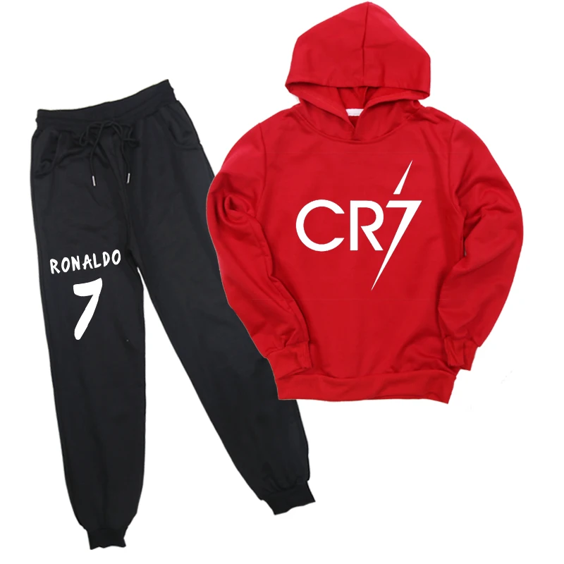 CR7 Рональдо свитера для детей, состоящие из кофты с капюшоном и штанов, комплект из 2 шт./компл. спортивный костюм для детей, унисекс, Повседневное световой толстовка с капюшоном и штаны-шаровары брюки для От 2 до 14 лет - Цвет: Красный