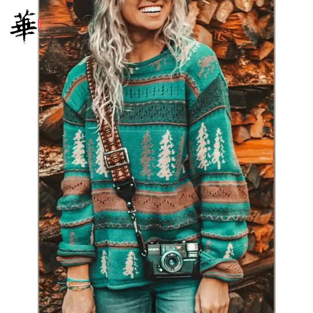 Winter Casual Christmas Tree Printed Sweater Women Long Sleeve O-neck Pullover Plus Size 3XL Knitted 2019 Tops Female | Женская одежда