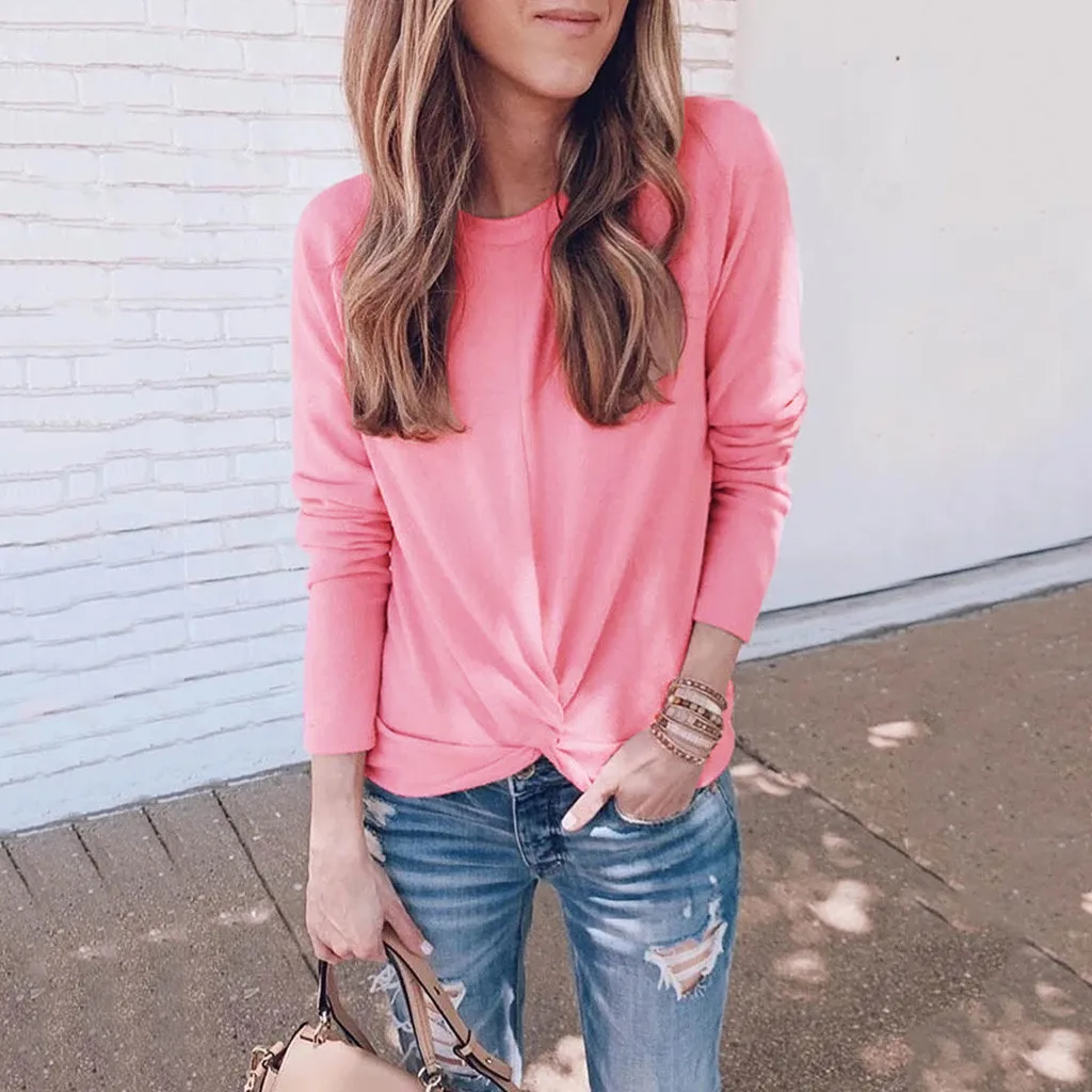 

Fashion Solid Knot Blouse Casual Winter Ladies Daily Sexy Loose O-Neck Basic Tops Female Women Long Sleeve Shirt Blusas Pullover