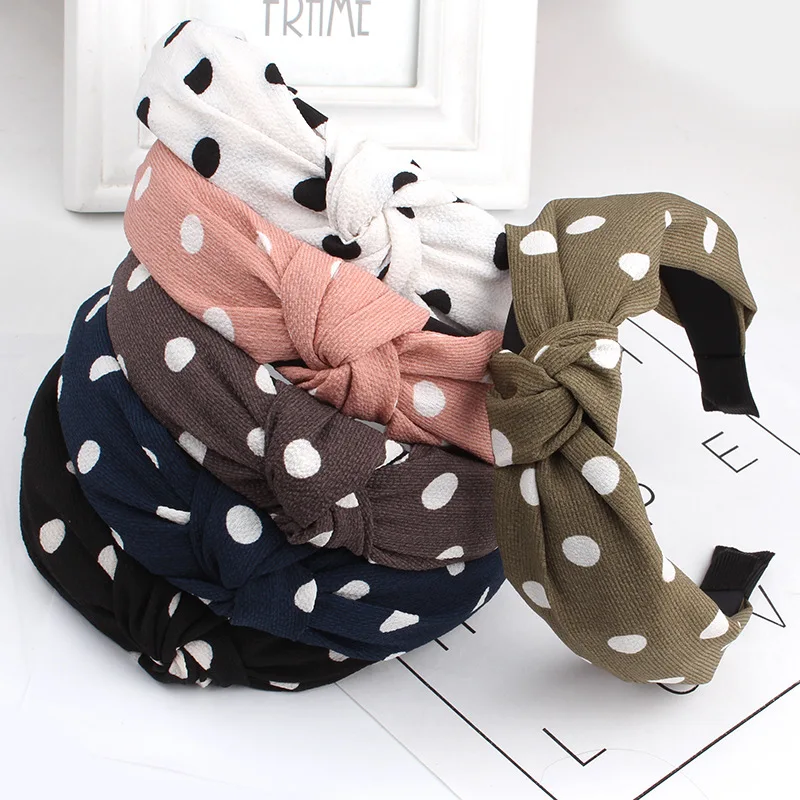 

Popular Women Spring Autumn Headband Vintage Cross Knot Elastic Hair Bands Soft Solid Wide Dot Girls Hairband Hair Accessories