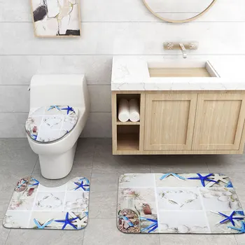

4pcs Removeable Bath Mat Bathroom Decor Non Slip Sea Shell Pedestal Rug Washable Toilet Cover Pad Shower Curtain Set 3D Printed