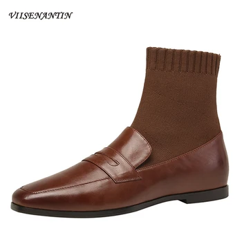 

French Retro Square Head Wool Barrel Literary Forest Stretch Socks Boots Thin Flat Ankle Boots Women Retro Style Brown Boots