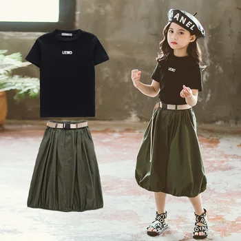 

New 2020 Summer Clothes Set for Toddler Cotton Fashion Black Tops + Skirts Two Piece Suits Teenage School Girls Skirt Set 4-14T