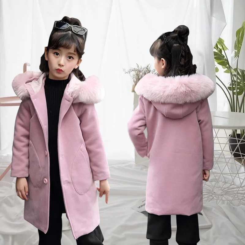 Детское шерстяное пальто на осень и зиму для девочек, модное утепленное шерстяное пальто с меховым воротником и капюшоном, куртка для 4, 6, 8, 10, 12, 14 лет, топы