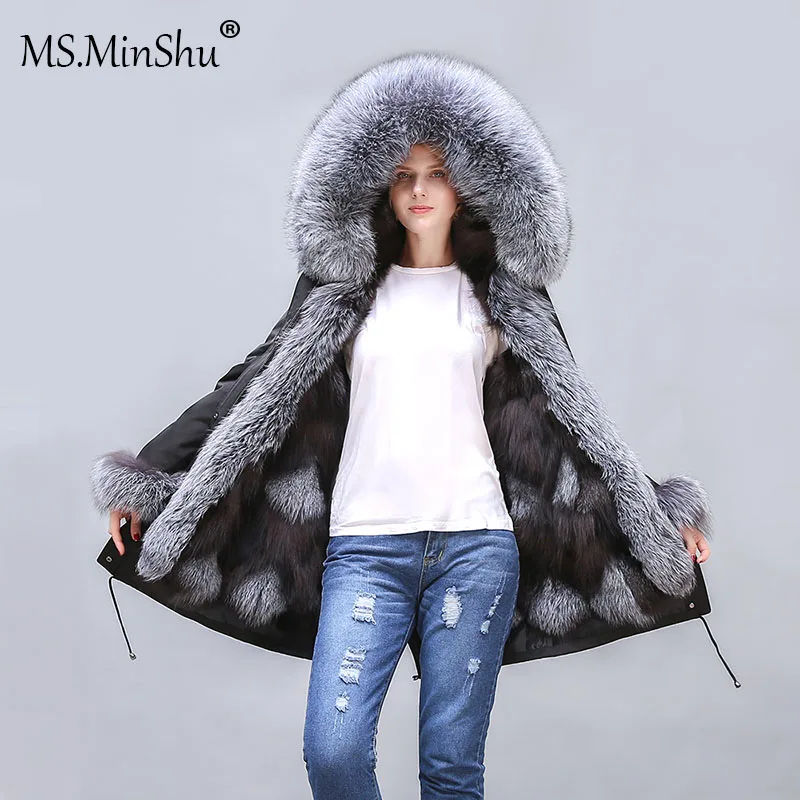 Womens Fox Fur Coat Parkas Winter jacket coat women parka big real fur collar kurtka damska natural fox fur liner long outerwear