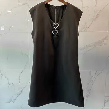 

Women Dress New Dress V-neck High Waist Sexy Little Black Dress Heart-shaped Rhinestone Hollow Dress
