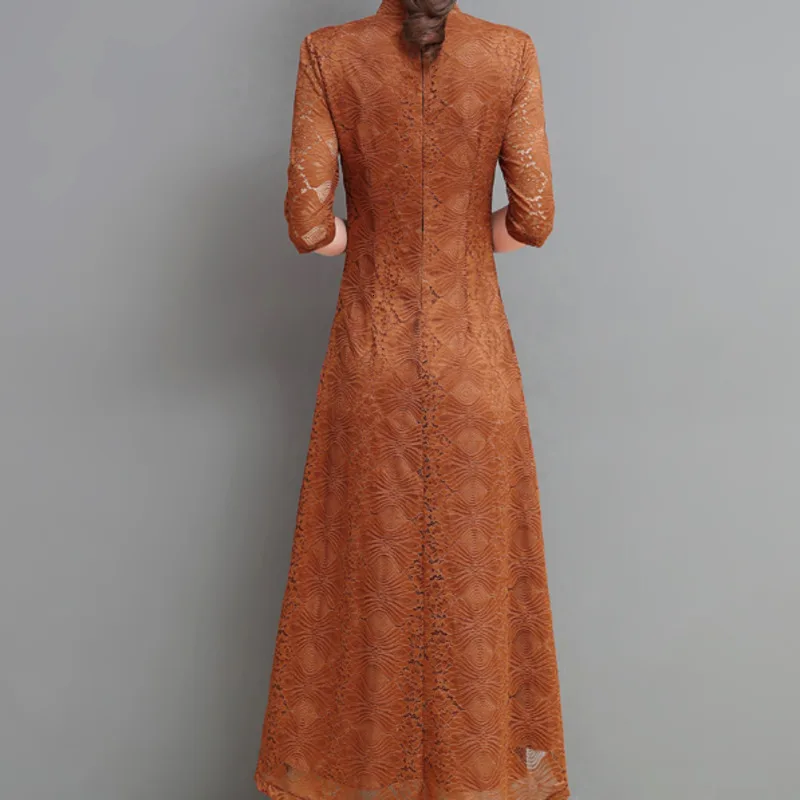 New Autumn Vintage Dress Women Chinese Style Retro Lace Cheongsam Fashion Clothes Elegant Bodycon Long Dresses Vestido S194