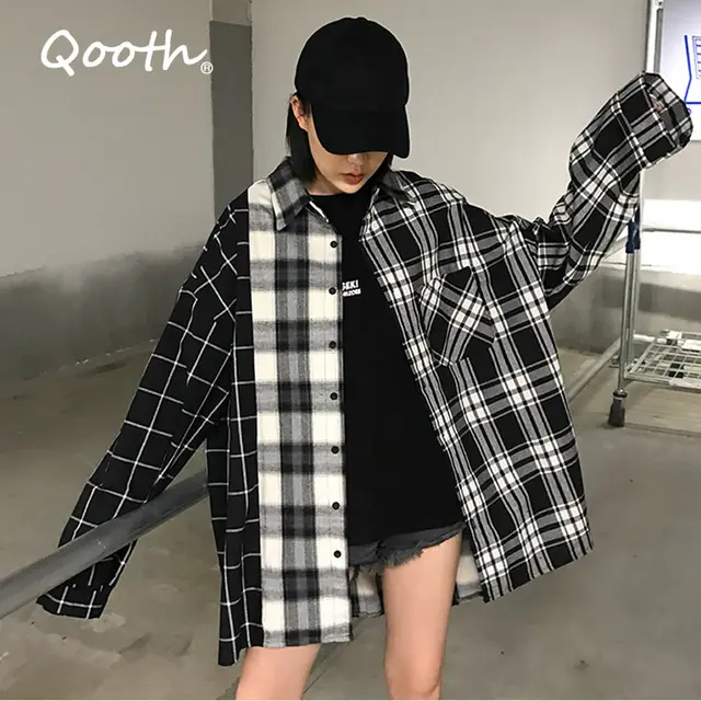 Qooth Women's Loose Plaid Blouse Spring Long Sleeve Student Check Blouses Casual Vintage Lady Tops Shirt Black Tops QH2220 1