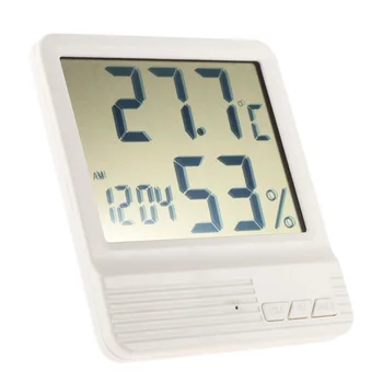

White Digital Thermometer Hygrometer Clock Temperature Humidity Meter Calendar Maximum Minimum Value Display