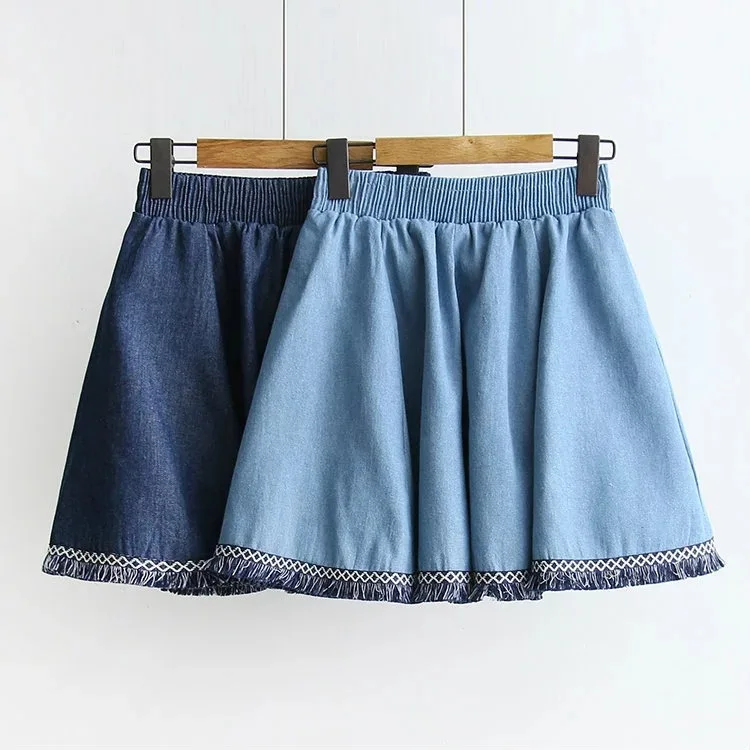 

Japanese-style Mori Girl Line Versatile Casual Elastic Waist Slimming Hem Tassels Solid Color Retro Denim Skirt Short Skirt