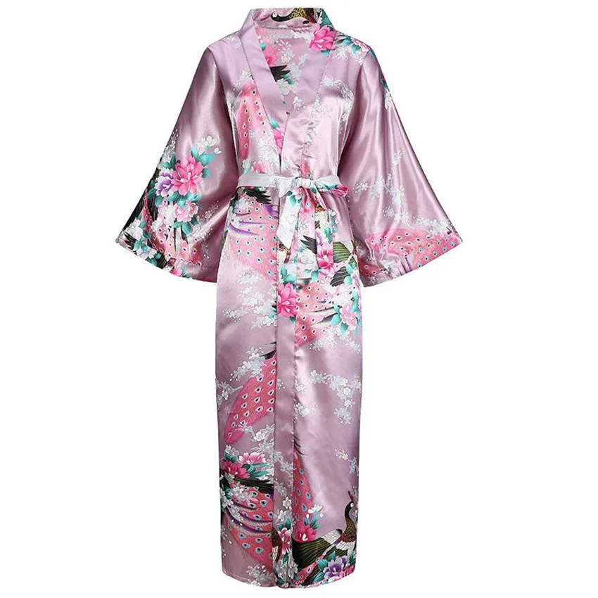 Japanese Kimono Sexy Bride Bridesmaid Wedding Dressing Woman Japanese Kimono Dress Peacock Print Satin Silk Yukata Bathing Robe Nightgown