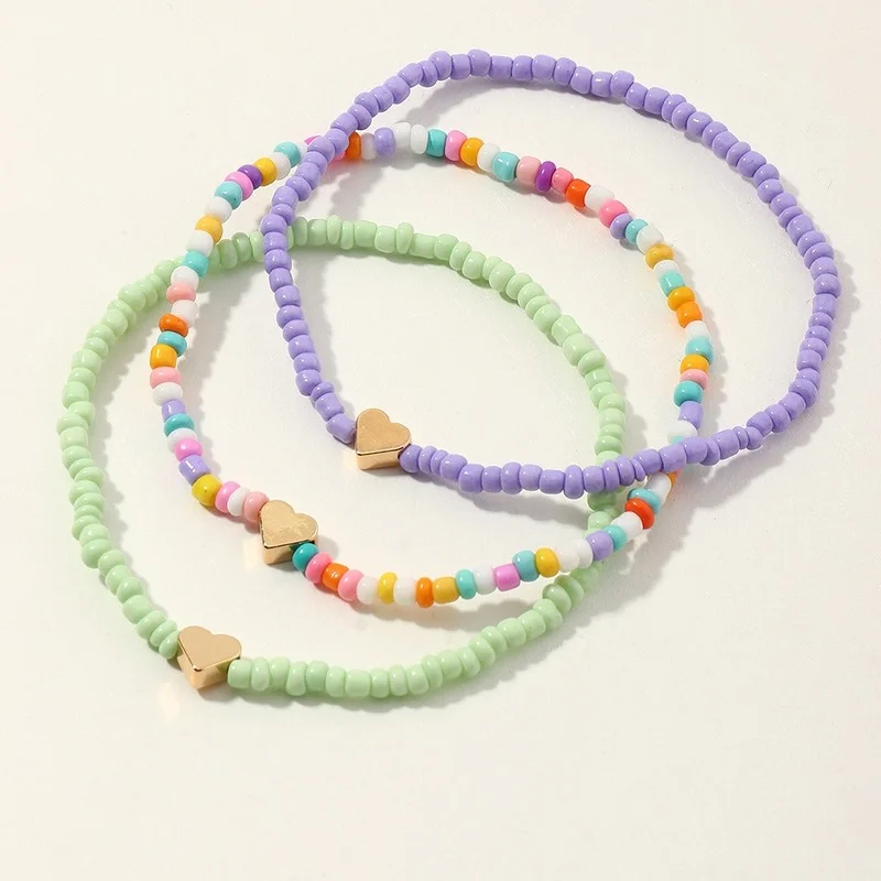 

Multi-laye Bohemian Measle Beads Anklet Bracelet Set Heart Purple Green Rainbow Beaded Natural Stone Chains Bangle Boho Jewelry