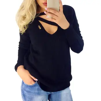 

Solid Color Winter Knitted Sweater Women Strappy V Neck Long Sleeve Jumper Top