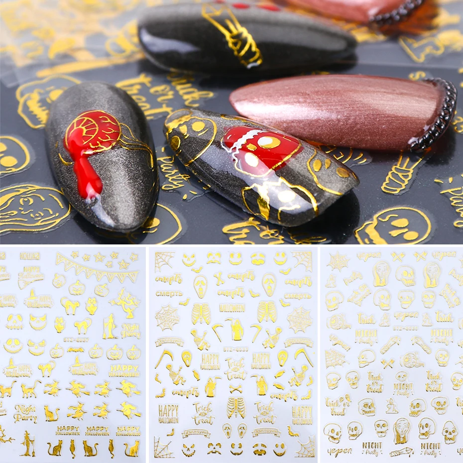 

1pcs Halloween Foils for Nail Sticker 3D Gold Hallow Tips Skull/Pumpkin/Cat Slider Decals DIY Letter Decor Tools LESTZG032-040-1