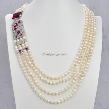 

GuaiGuai Jewelry 21-23'' 4 Strands Freshwater Cultured White Pearl Cz Pave Big Pendant Necklace