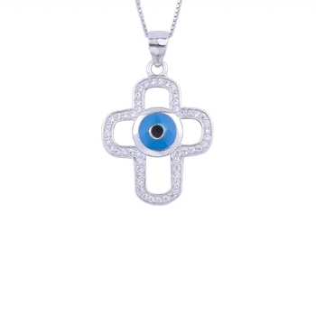

925 Sterling Silver Light Blue Evil Eye Cross Pendant Necklace For Women Big Cross Pendants Collar Fashion Jewelry Gift