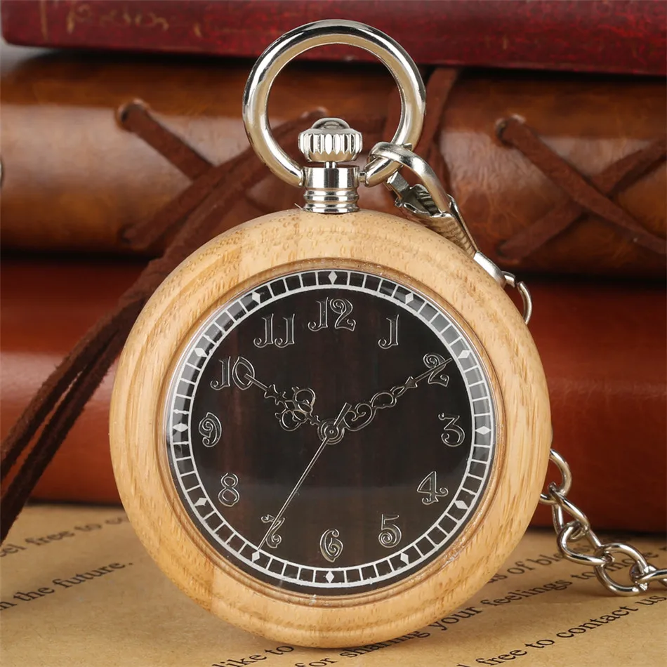 

Silver Arabic Numerals Vintage Stylish Bamboo Wood Pocket Watch Quartz Pendant Wooden Clock Thick Chain Pocket Timepiece