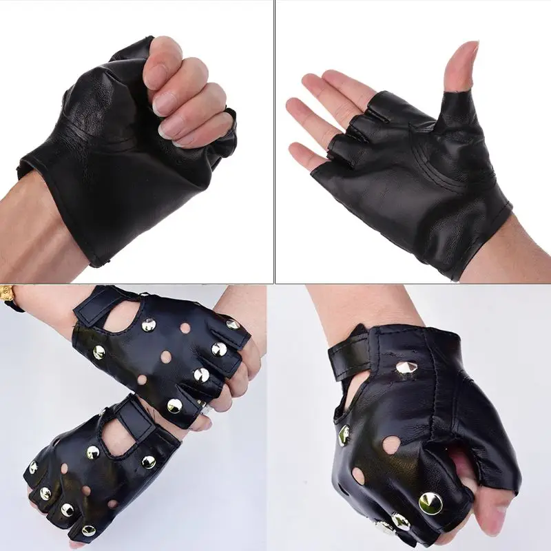 85LB Men Unisex Artificial Leather Half-Finger Gloves Theatrical Punk Hip-Hop Driving Motorcycle Performance Party Fingerless