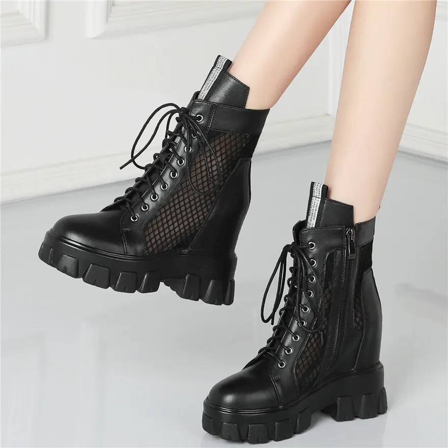 

High Top Sneakers Women Lace Up Genuine Leather Gladiator Sandals Female Summer High Heel Punk Platform Pumps Shoes Casual Shoes