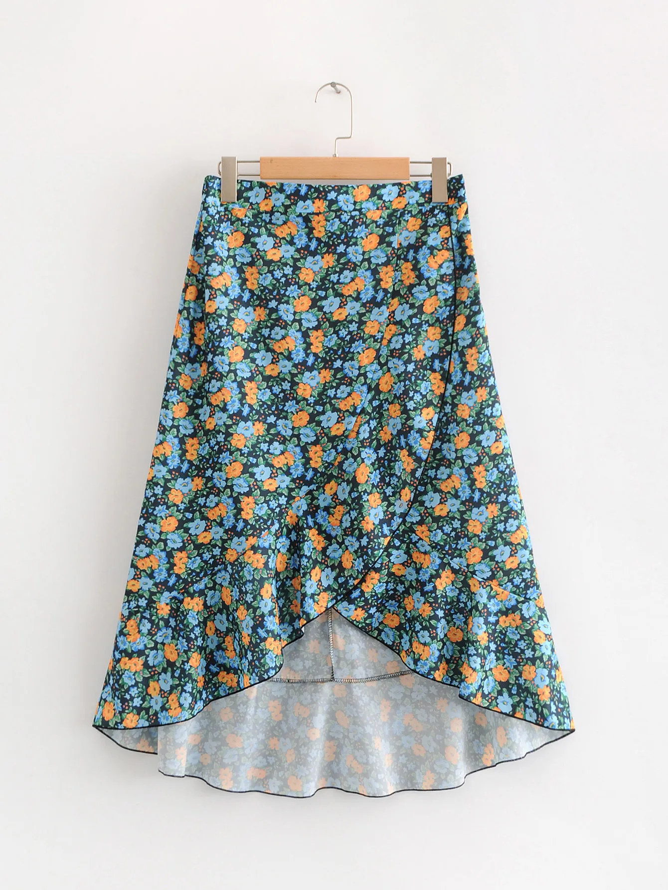 

2018 Spring And Summer Europe And America WOMEN'S Dress Printed Front Short Long Back Skirt 1623