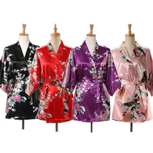 На шнуровке, женское японское кимоно с принтом павлина, юката, шелковый атлас, короткая стильная Пижама, домашняя ночная рубашка, банный халат, костюм