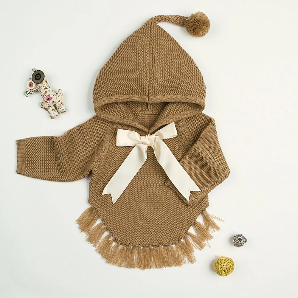 Вязаные свитера с капюшоном и бантом для новорожденных мальчиков и девочек